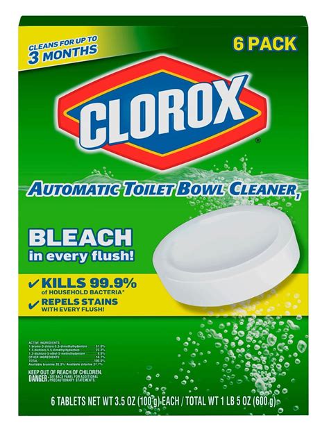 Clorox toilet bowl tablets - Feb 8, 2016 · Clorox Ultra Clean Toilet Tablets kill 99.9% of bacteria and deodorizes your toilet with the power of Clorox bleach. This toilet bowl cleaning tablet, effectively cleans and prevents stains with each flush, eliminating the need to scrub every time. Each tablet delivers a long lasting bleach clean and is good for up to 3 months. Simply drop a ... 